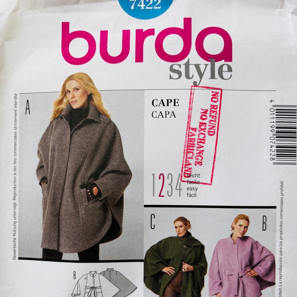 BURDA 7422 Women's Gray Cape Pattern New Never Used